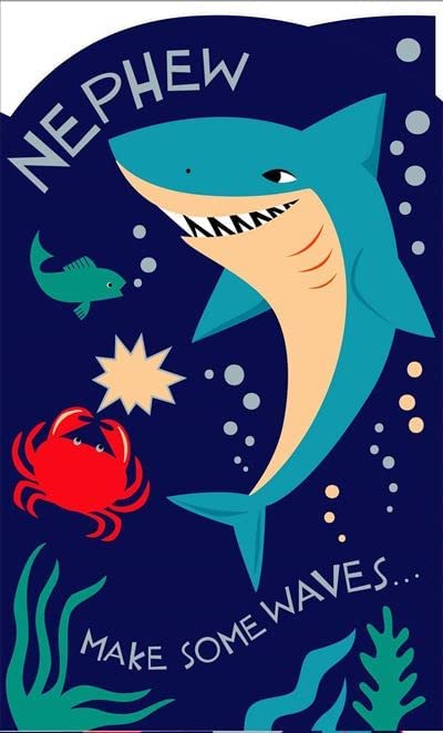 Shark Sea Nephew birthday greeting card from UK Greetings featuring a colorful shark design and playful birthday message.