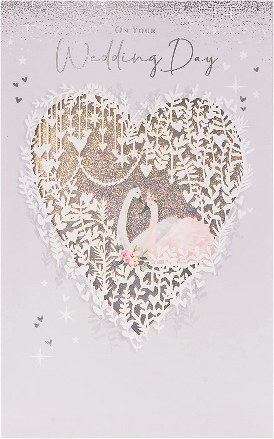 Silver foil laser-cut wedding greeting card featuring a graceful swan design, ideal for wedding celebrations and special occasions.