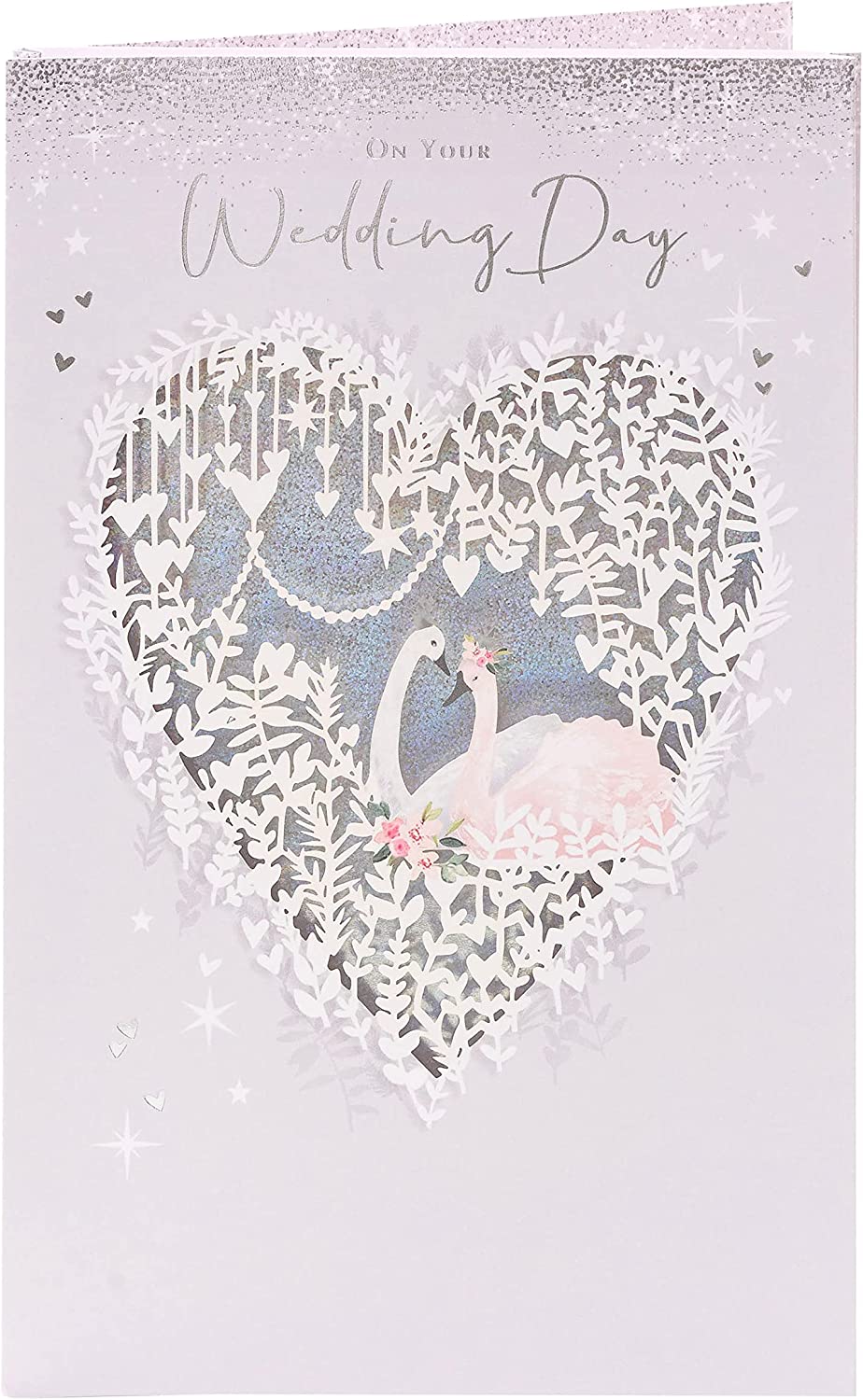 Silver foil swan laser-cut wedding greeting card with intricate design, perfect for celebrating special occasions.