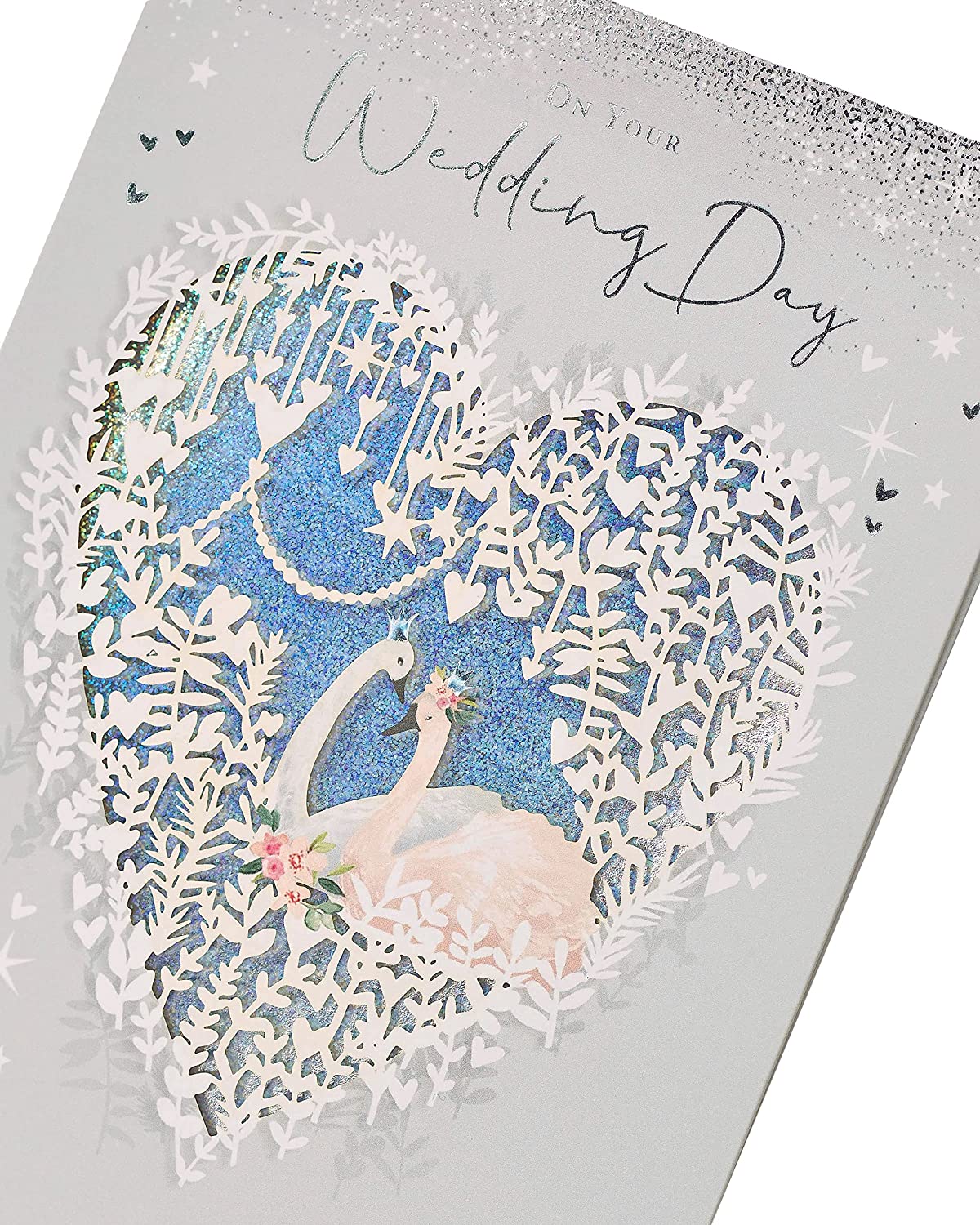 Silver foil swan wedding greeting card with laser-cut design and elegant detailing, perfect for celebrating special occasions.