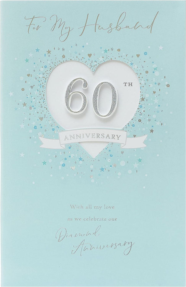 Silver glitter 60th diamond anniversary greeting card for husband, featuring elegant design by UK Greetings.