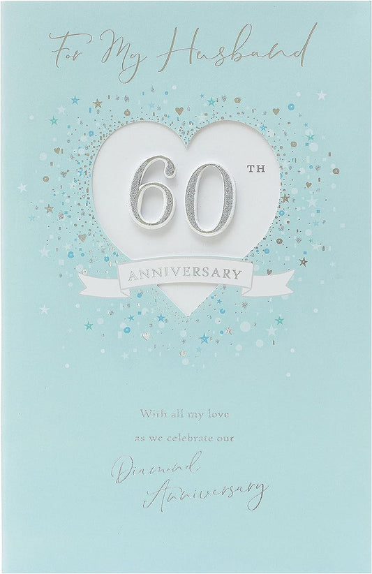 Silver glitter 60th diamond anniversary greeting card for husband, featuring elegant design by UK Greetings.
