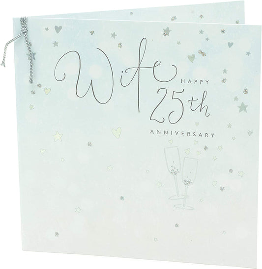 Silver hearts and stars 25th anniversary greeting card by UK Greetings featuring elegant silver foil accents and romantic design.