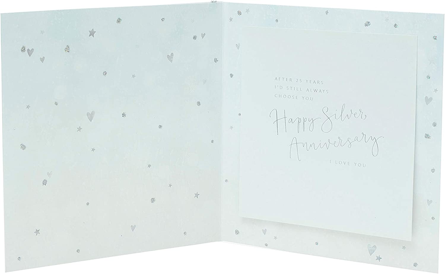 Silver hearts and stars 25th anniversary greeting card by UK Greetings featuring elegant silver foil design and heartfelt message.