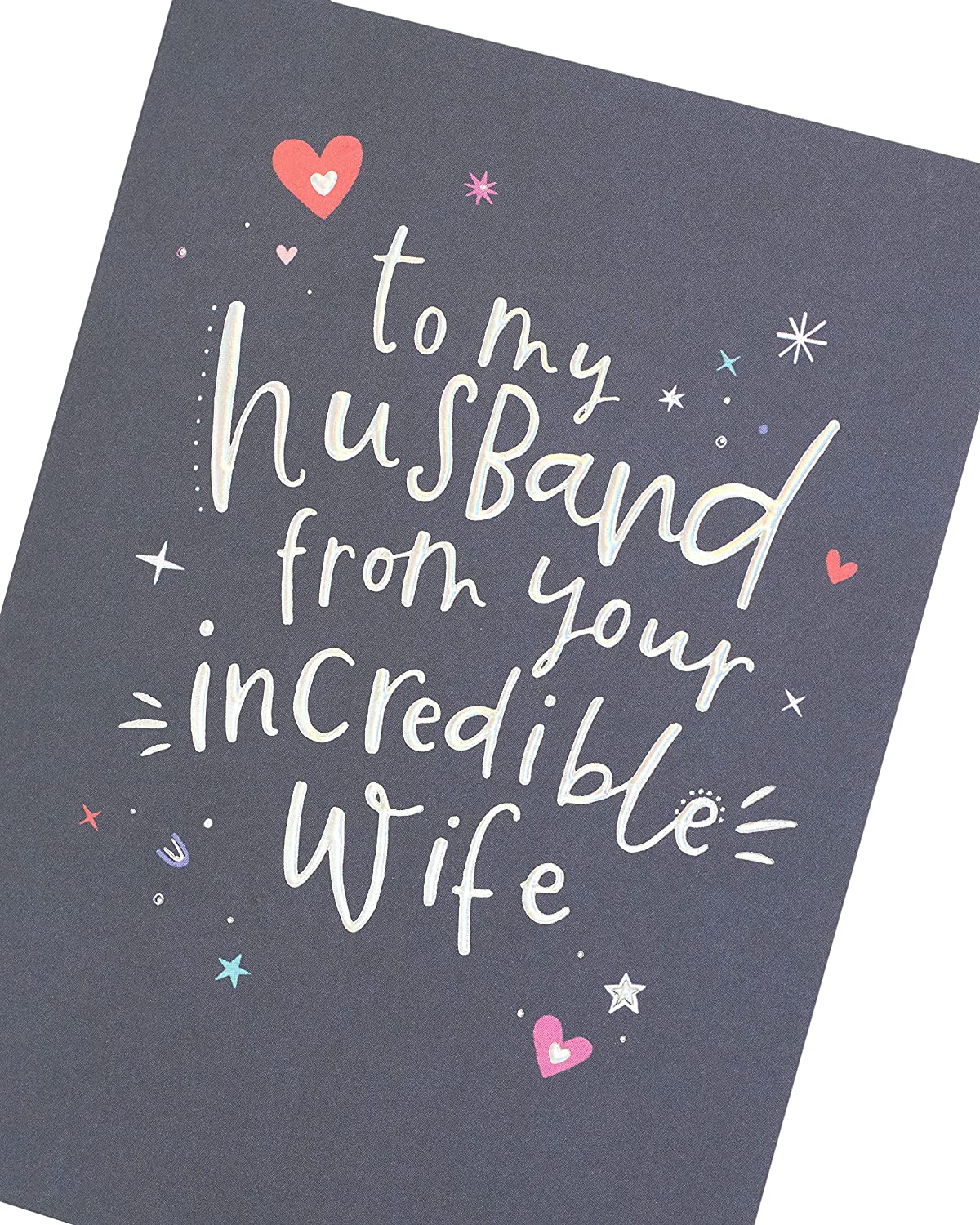 Silver holographic husband birthday greeting card with festive design, from UK Greetings, featuring shiny, eye-catching holographic details.