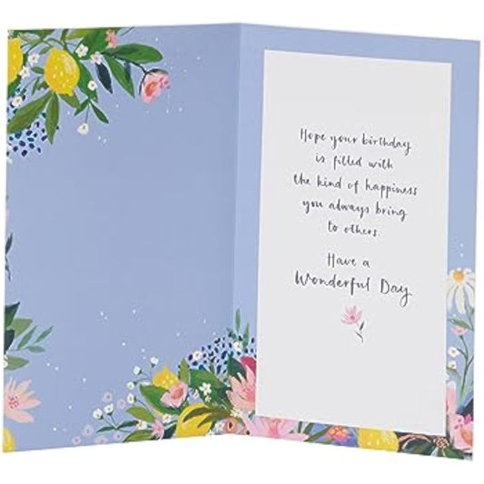 Floral border birthday greeting card with gold foil accents from UK Greetings, featuring elegant floral design and heartfelt message.
