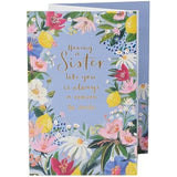Floral border birthday greeting card with gold foil accents from UK Greetings, featuring a cheerful design for sister's birthday.