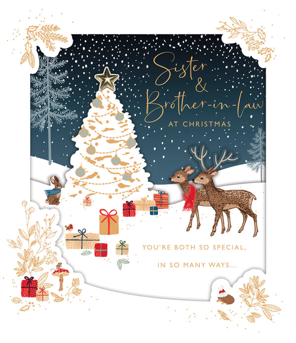 Sister and brother-in-law Christmas card featuring a deer holiday scene by UK Greetings, with festive winter imagery.