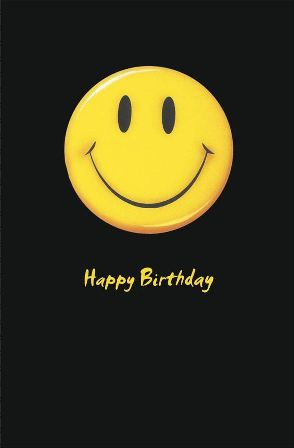 Smiley face emoji birthday greeting card by UK Greetings featuring a cheerful smiley design on the front.