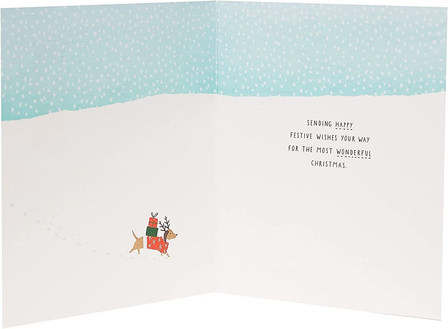 Festive Christmas greeting card featuring snow dogs crossing a snowy landscape, designed by UK Greetings for the holiday season.