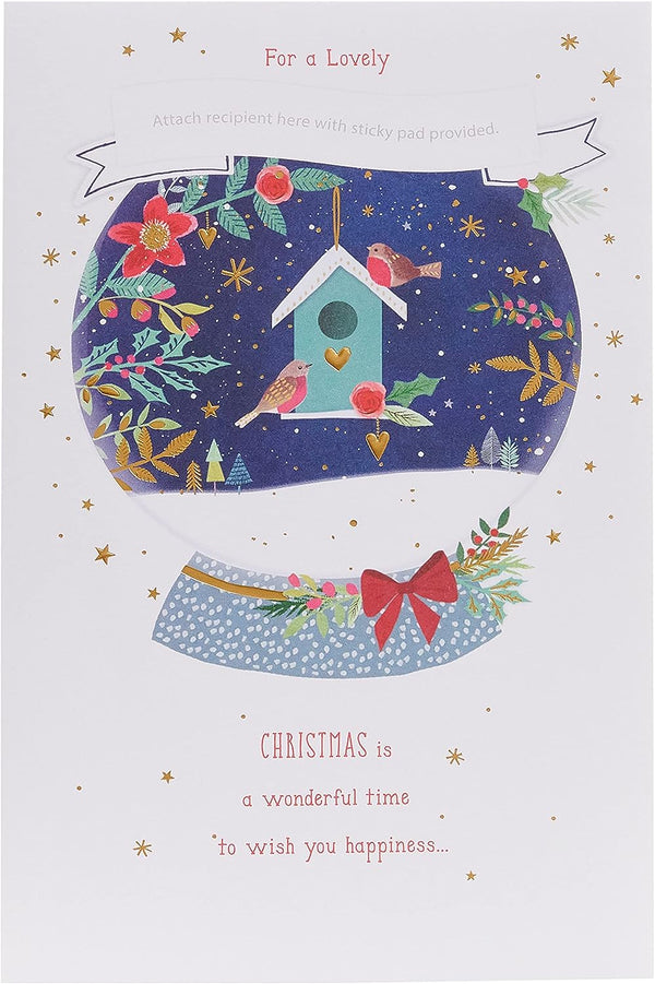 Snow globe greeting card featuring robins, designed for Christmas, by UK Greetings, with festive granddaughter illustration.