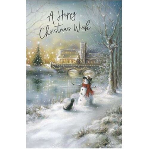 Christmas greeting card featuring a snowman and dog on a riverbank, by UK Greetings. Colorful winter scene illustration.