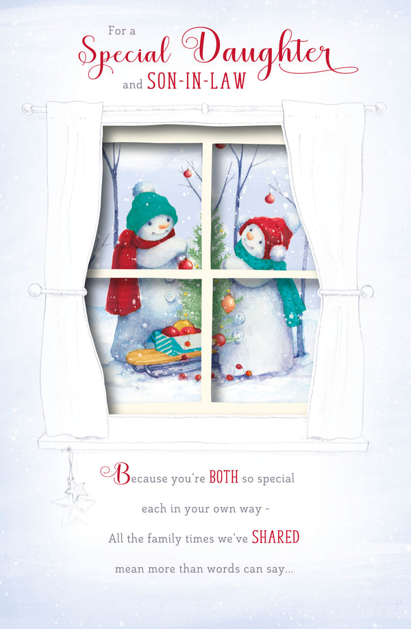 Christmas greeting card featuring snowmen and trees, designed for daughter and son-in-law by UK Greetings.