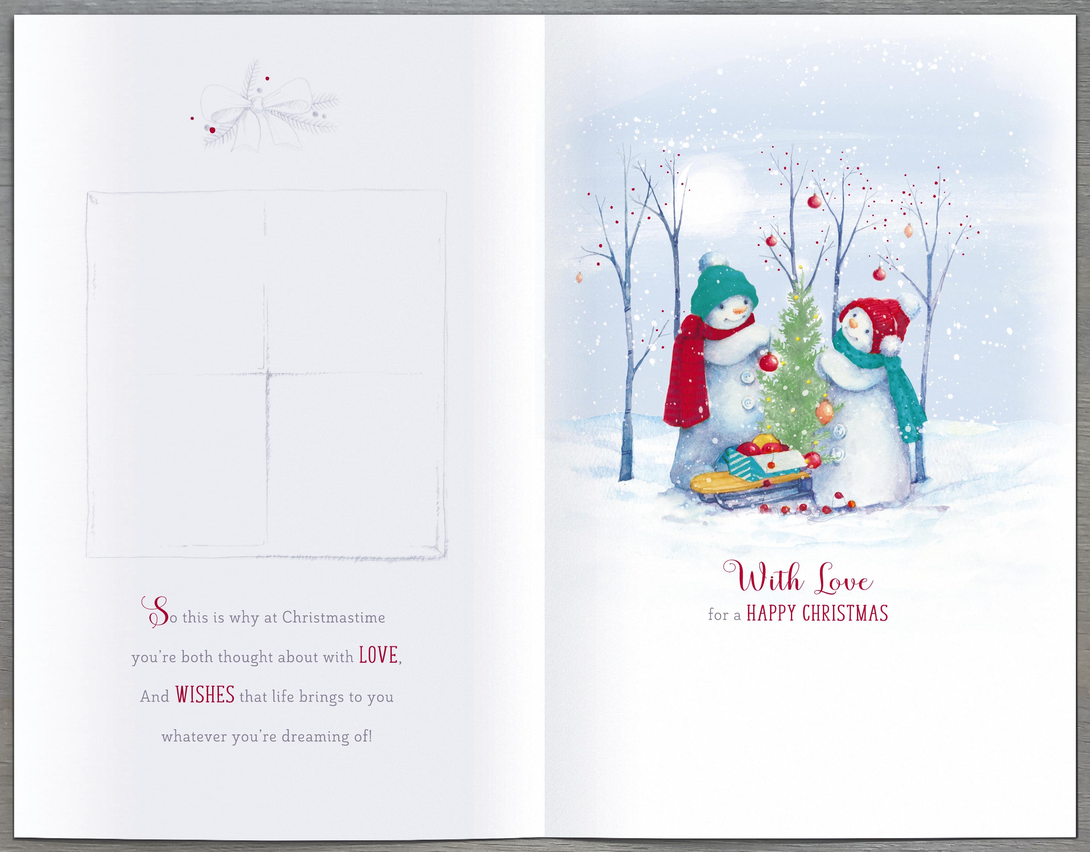 Christmas greeting card featuring snowmen for daughter and son-in-law, UK Greetings, with festive holiday design and cheerful imagery.