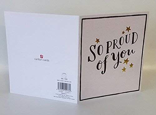 UK Greetings congratulation greeting card with "So Proud of You" message, featuring colorful floral design and celebratory theme.