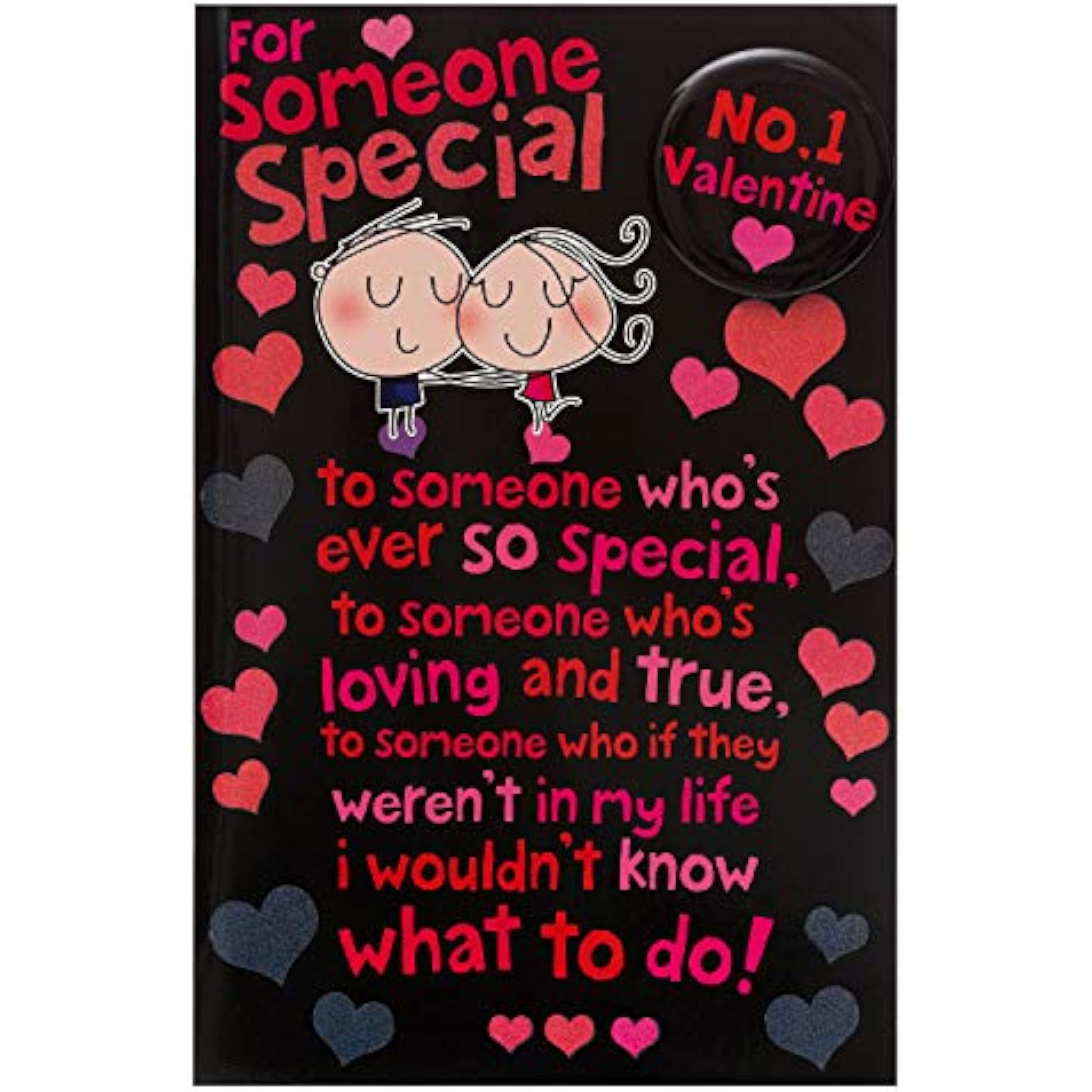 Valentine's Day greeting card for him or her with large text and badge design, includes envelope, by UK Greetings.
