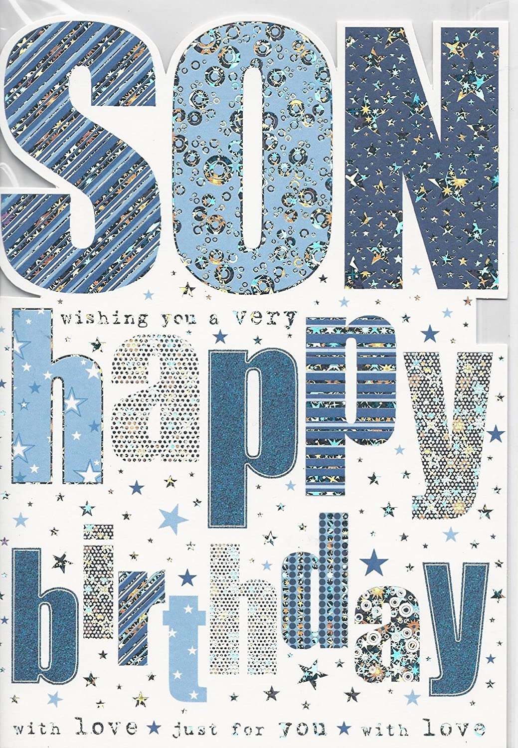 Son birthday greeting card from UK Greetings featuring colorful designs and heartfelt message for celebrating son's special day.