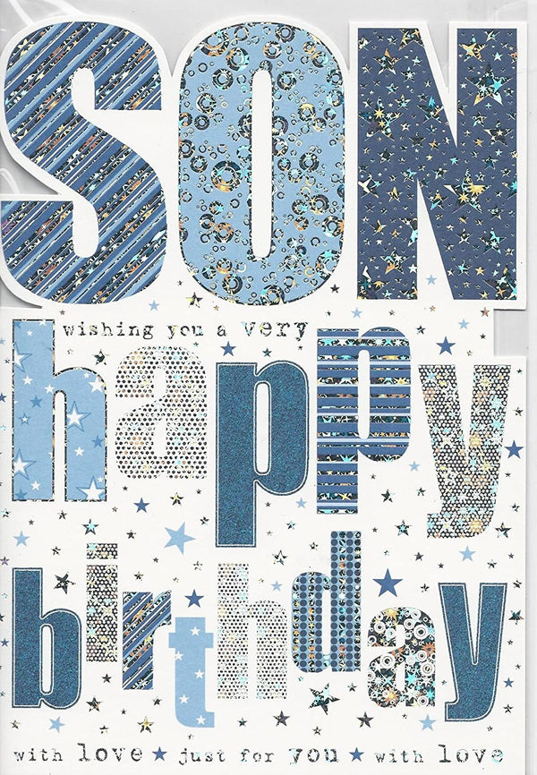 Son birthday greeting card from UK Greetings featuring colorful designs and heartfelt message for celebrating son's special day.