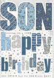 Son birthday greeting card from UK Greetings featuring colorful designs and heartfelt message for celebrating son's special day.