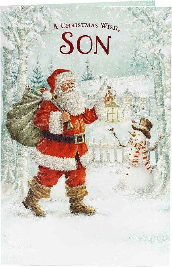 Son Christmas greeting card by UK Greetings featuring traditional festive design and heartfelt holiday message.