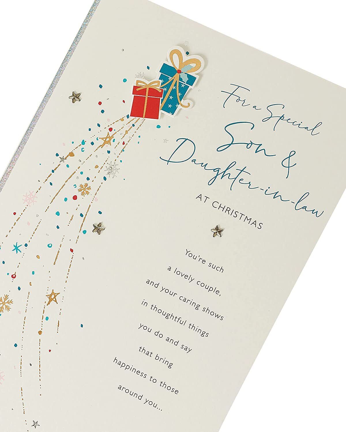 Son and daughter-in-law milestone celebration greeting card from UK Greetings, featuring colorful design and heartfelt message.
