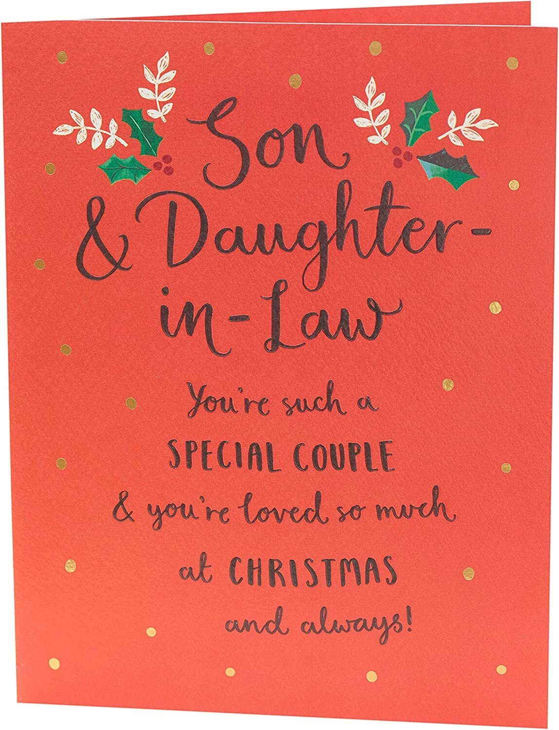 Son and Daughter-in-Law Typography Christmas Card by UK Greetings featuring festive holiday message and decorative design.