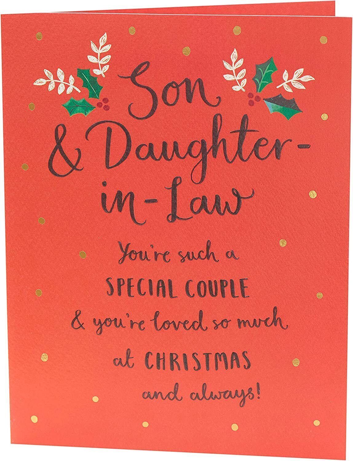 Son and Daughter-in-Law Typography Christmas Card from UK Greetings, featuring festive holiday message and colorful design.