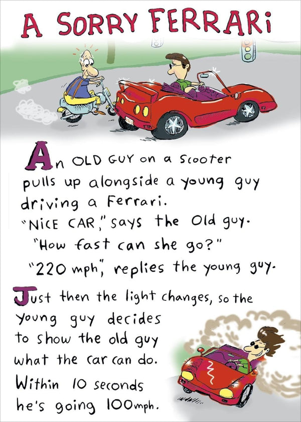 Funny birthday greeting card featuring a humorous poem titled "Sorry Ferrari!" by UK Greetings, with colorful and playful design.
