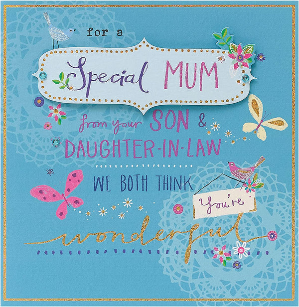 Sparkle Mum Love greeting card from Son & DIL by UK Greetings with a glittery, heartfelt design for Mother's Day or special occasions.