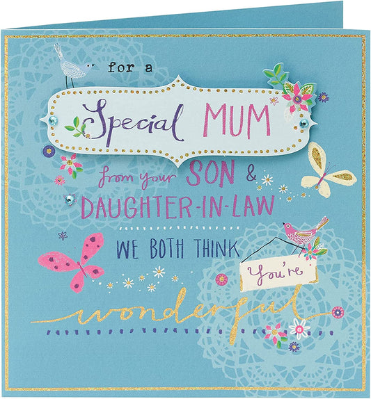Sparkle Mum Love greeting card from Son & DIL by UK Greetings with shiny, festive design and heartfelt message inside.