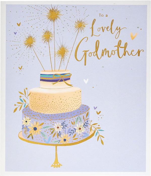 Sparkling Cake Godmother birthday greeting card by UK Greetings with colorful birthday cake and festive design.
