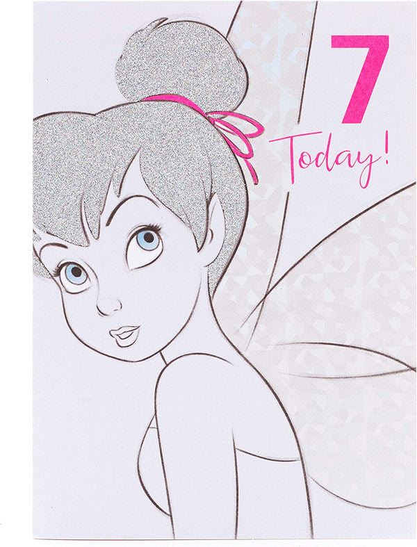 Sparkling Tinker Bell 7th birthday greeting card from UK Greetings featuring a colorful fairy design and festive decorations.