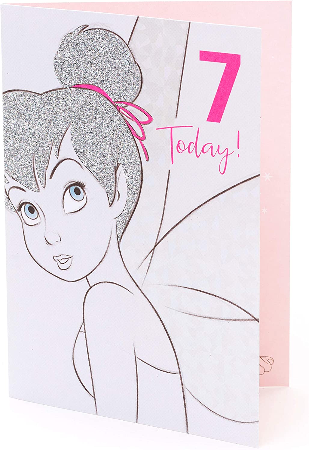Sparkling Tinker Bell 7th birthday greeting card with fairy illustration and glitter accents, by UK Greetings.