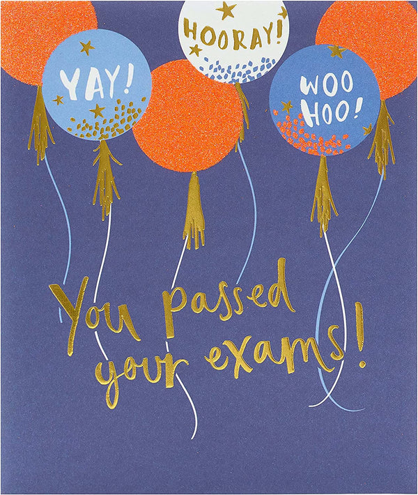 Sparkly balloons exams congratulations greeting card by UK Greetings with colorful, festive design and shiny balloon illustrations.
