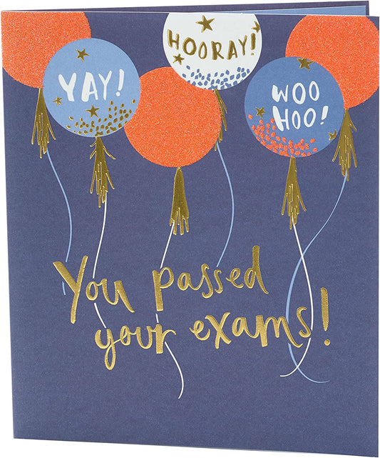 Sparkly balloons exams congratulations greeting card with festive design, suitable for celebrating academic achievements.