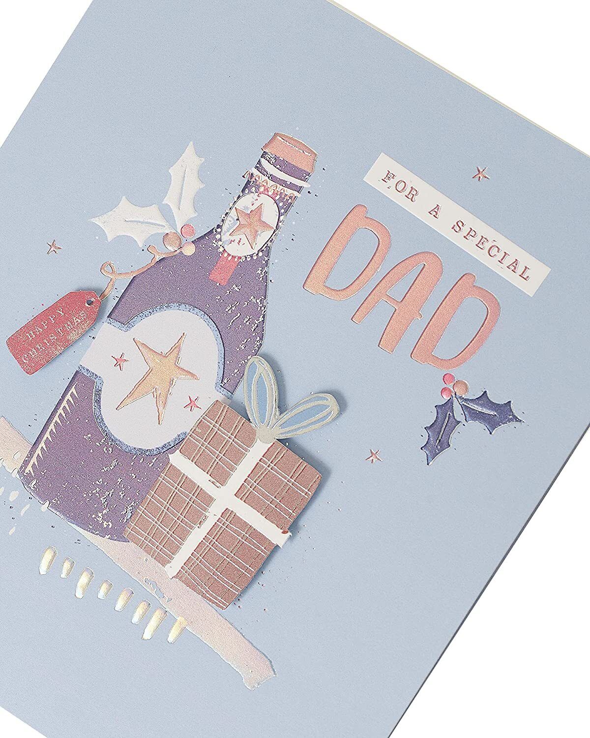 UK Greetings special Dad Christmas greeting card with a unique 3D holographic holiday design featuring festive motifs.