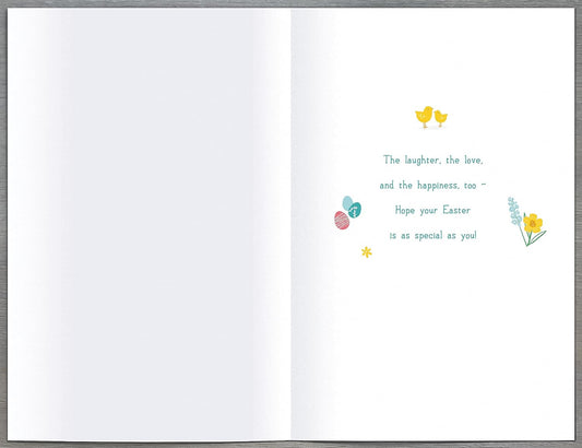 Easter wishes foil greeting card from UK Greetings featuring festive designs and cheerful holiday message.
