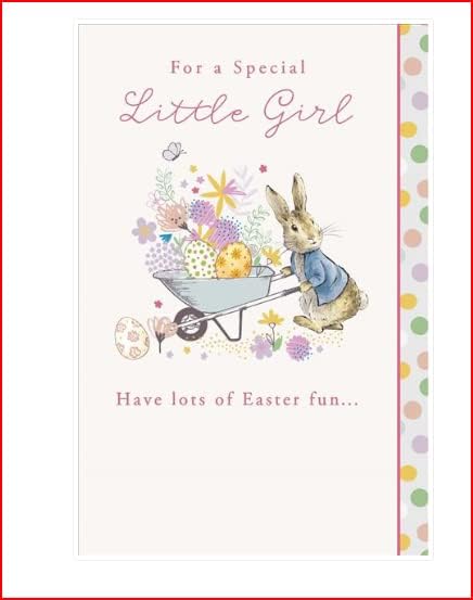 Cute Little Girl Peter Rabbit Easter greeting card featuring colorful illustrations for Easter celebrations.