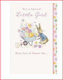 Cute Little Girl Peter Rabbit Easter greeting card featuring colorful illustrations for Easter celebrations.