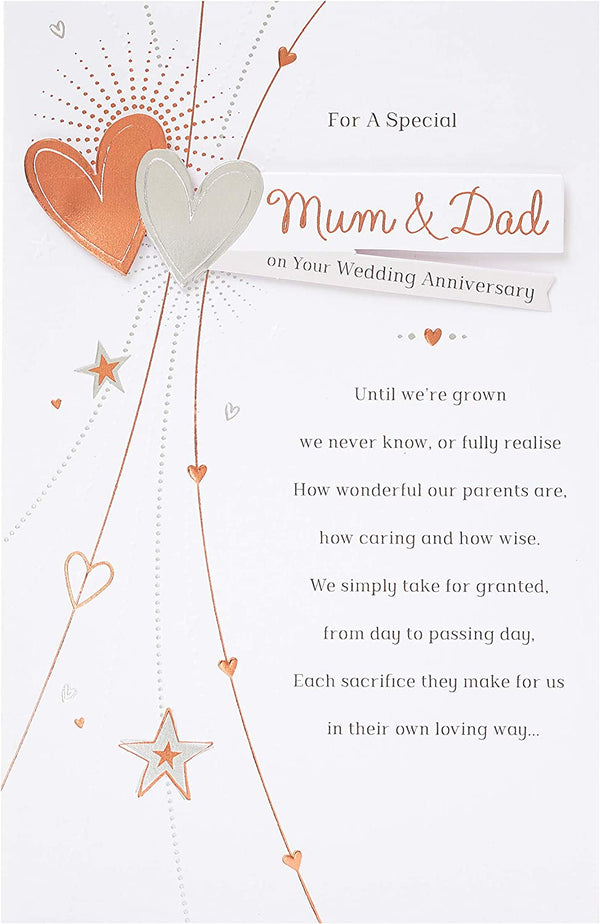Copper 3D hearts on UK Greetings Special Mum & Dad Anniversary Card, featuring a heartfelt greeting and festive design.
