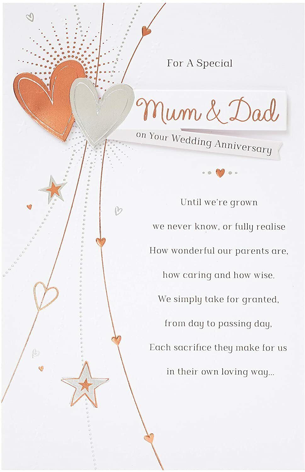 Special Mum and Dad anniversary greeting card with copper 3D hearts, featuring UK Greetings branding and heartfelt design.
