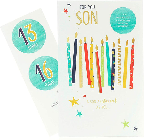 Special Son 13th or 16th birthday greeting card from UK Greetings, featuring colorful design and celebratory message.