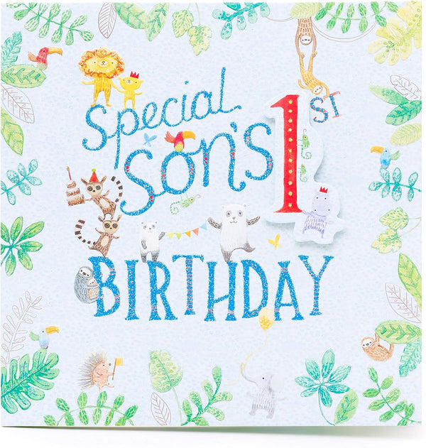 Special Son's 1st Birthday greeting card by UK Greetings featuring colorful birthday designs and festive illustrations.