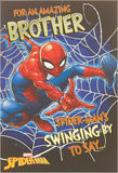 Spider-Man Amazing Brother greeting card by UK Greetings featuring Spider-Man in a dynamic action pose on the front.