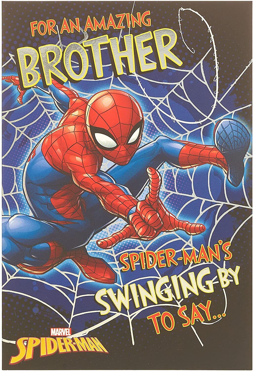 Spider-Man Amazing Brother greeting card by UK Greetings featuring Spider-Man in action for celebrating brothers.