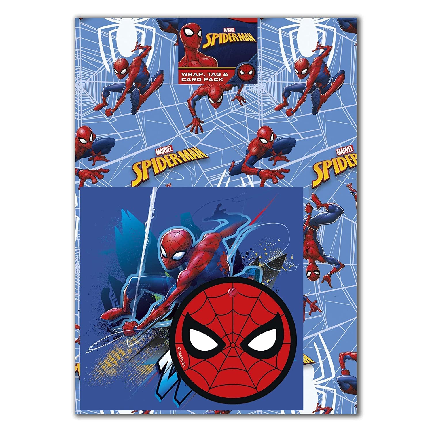 Spider-Man-themed greeting card and gift wrap set featuring comic book style artwork from UK Greetings.