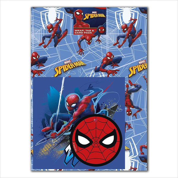 Spider-Man-themed greeting card and gift wrap set featuring comic book style artwork from UK Greetings.