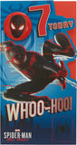Spider-Man Marvel 7th birthday greeting card for boys with colorful superhero design featuring Spider-Man in action.