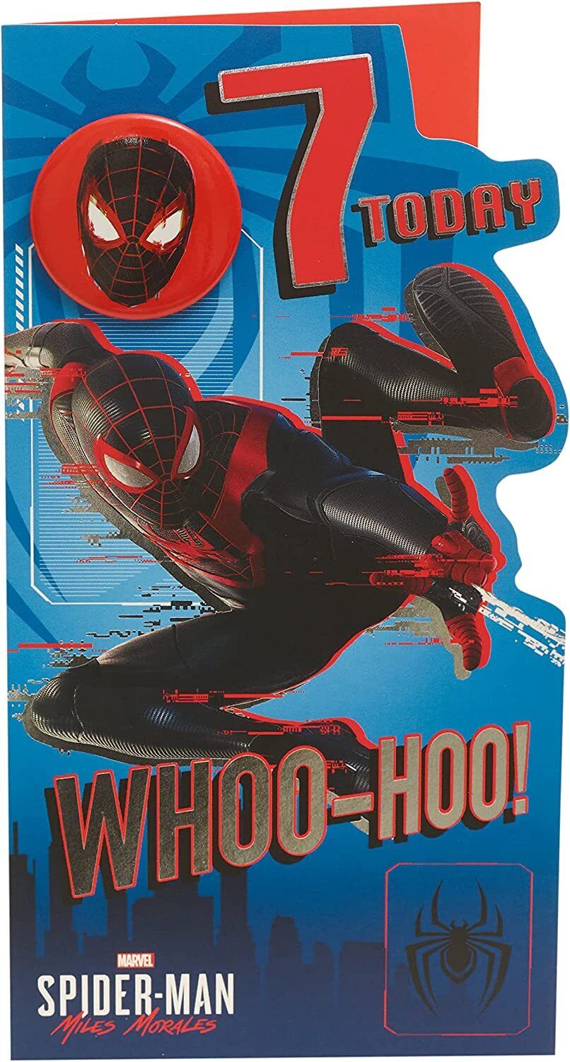 Spider-Man Marvel 7th birthday greeting card for boys featuring Spider-Man in a dynamic pose, ideal for young fans.
