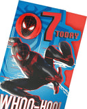 Marvel Spider-Man birthday greeting card for boys, UK Greetings brand, featuring Spider-Man in action for a 7th birthday celebration.